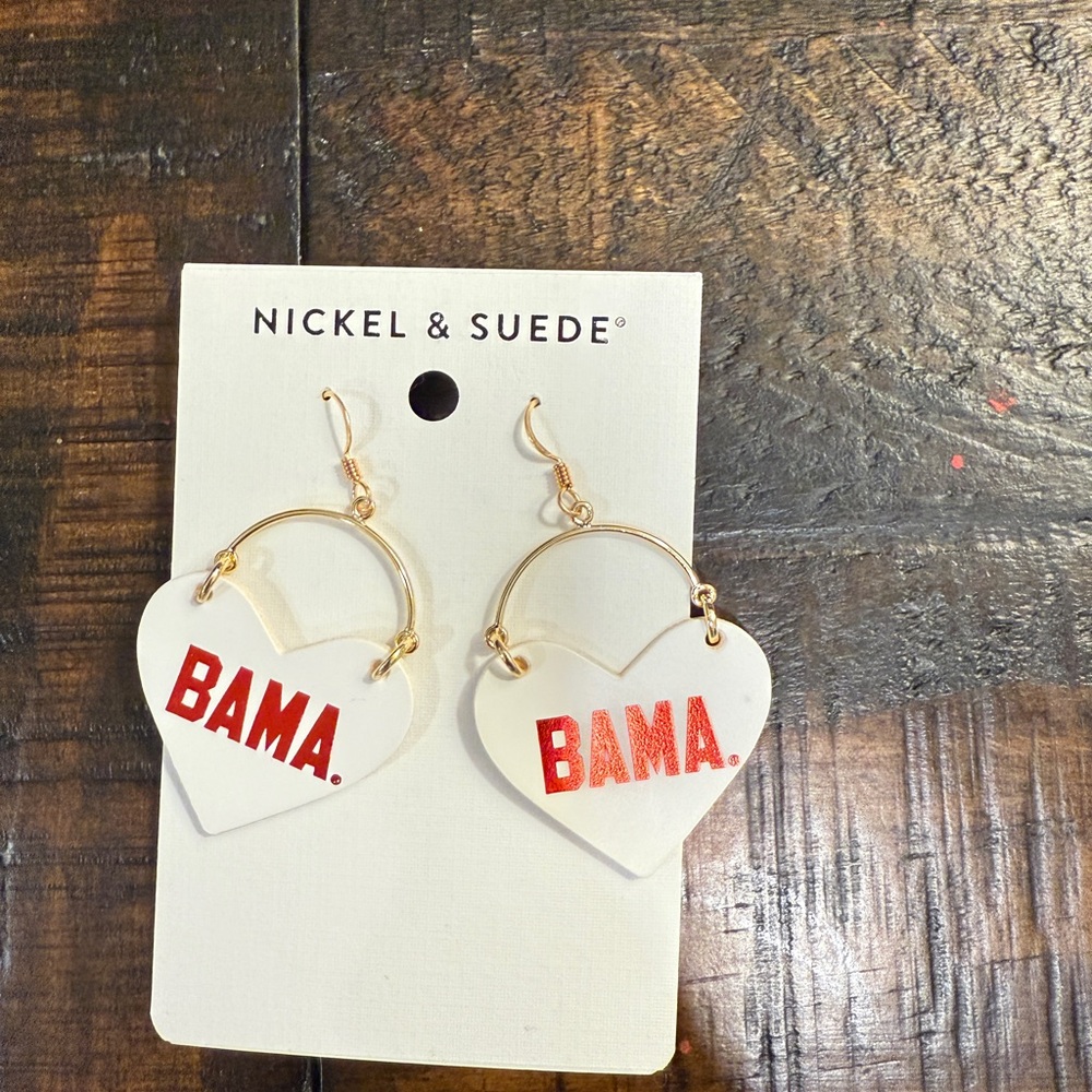 Nickel & Suede Heart Earrings with Red BAMA Design